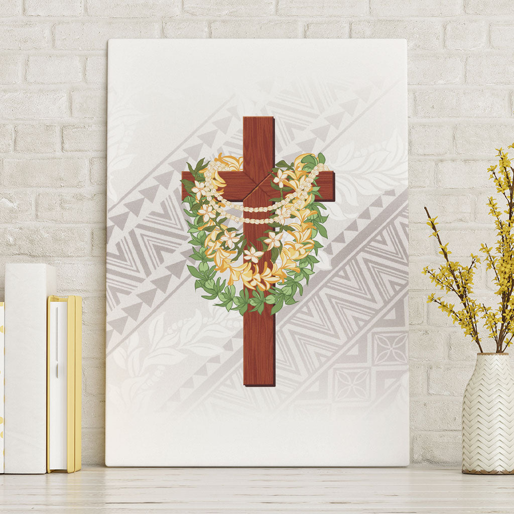 Hawaii ⁠Ka Pule a ka Haku Memorial Canvas Wall Art Flower Lei Cross - Ivory White