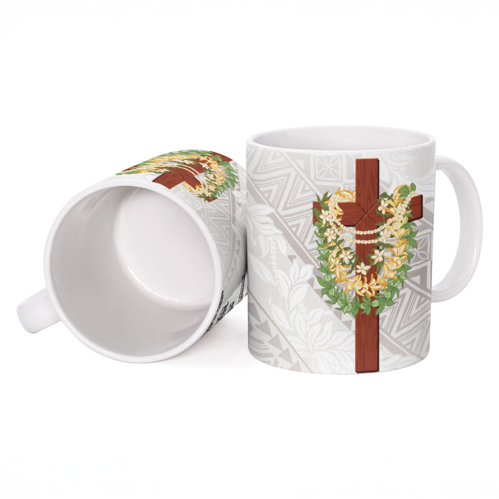 Hawaii ⁠Ka Pule a ka Haku Memorial Ceramic Mug Flower Lei Cross - Ivory White
