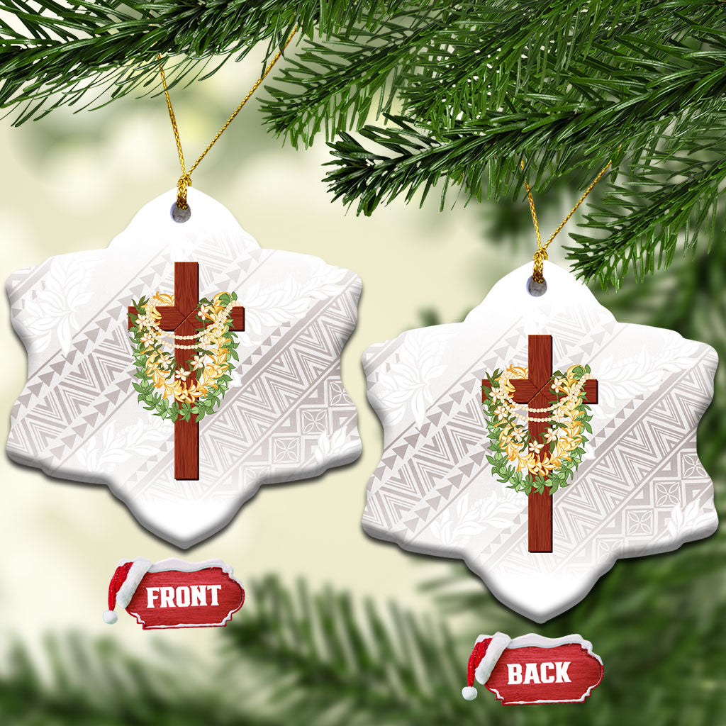 Hawaii ⁠Ka Pule a ka Haku Memorial Ceramic Ornament Flower Lei Cross - Ivory White