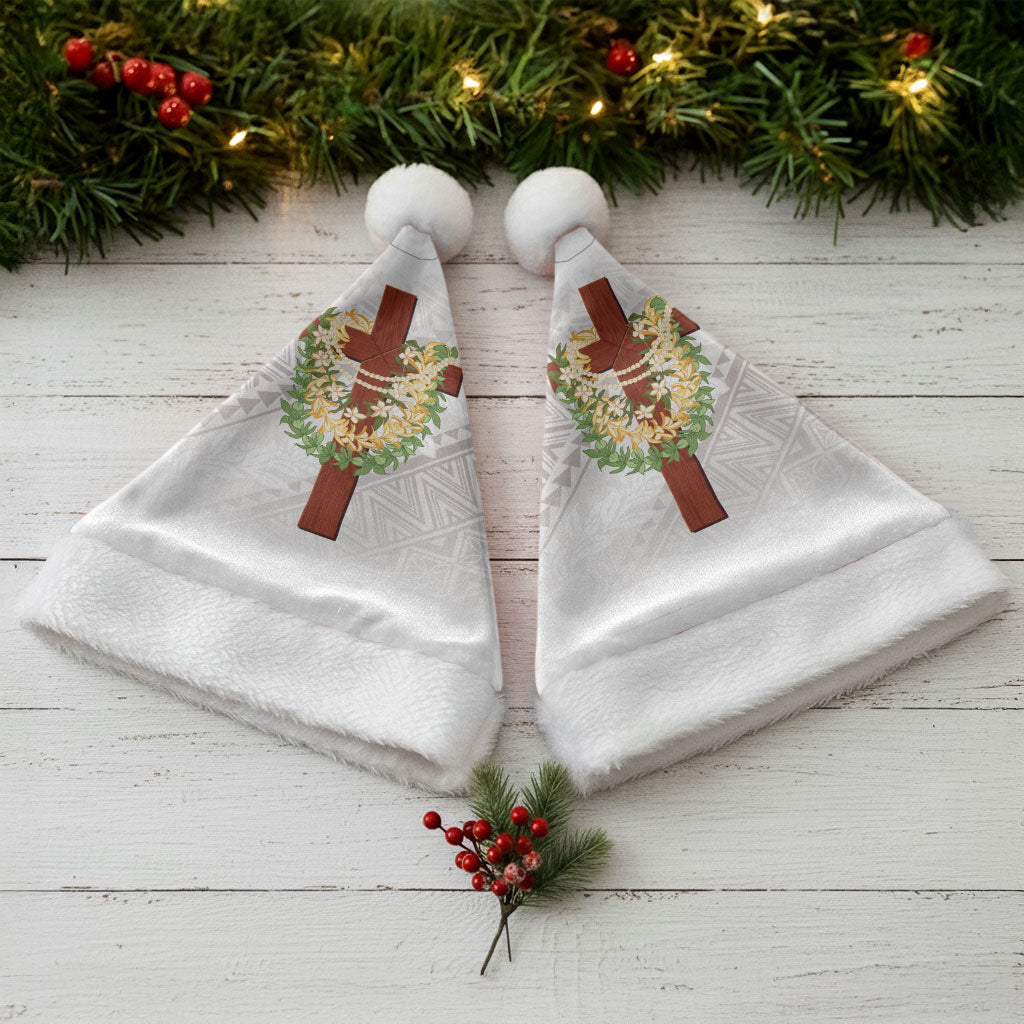 Hawaii ⁠Ka Pule a ka Haku Memorial Christmas Santa Hat Flower Lei Cross - Ivory White