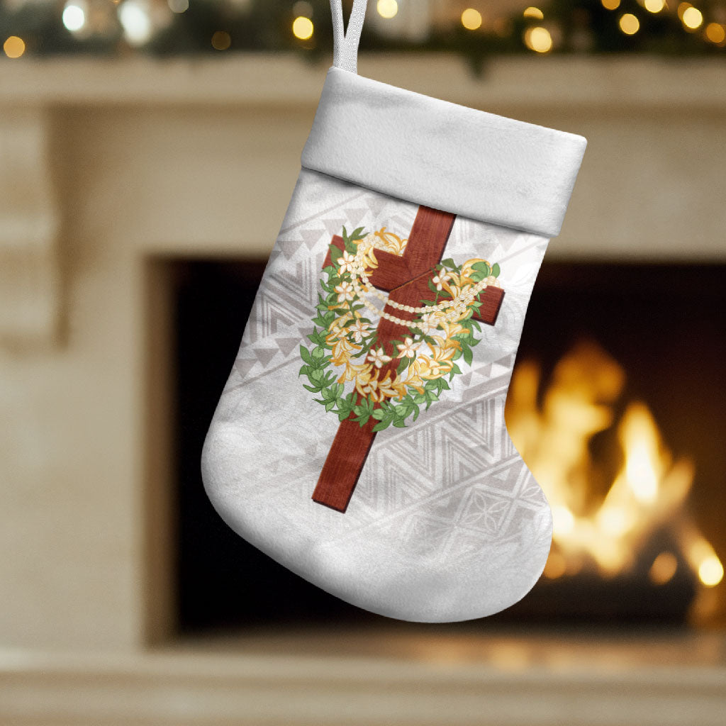 Hawaii ⁠Ka Pule a ka Haku Memorial Christmas Stocking Flower Lei Cross - Ivory White