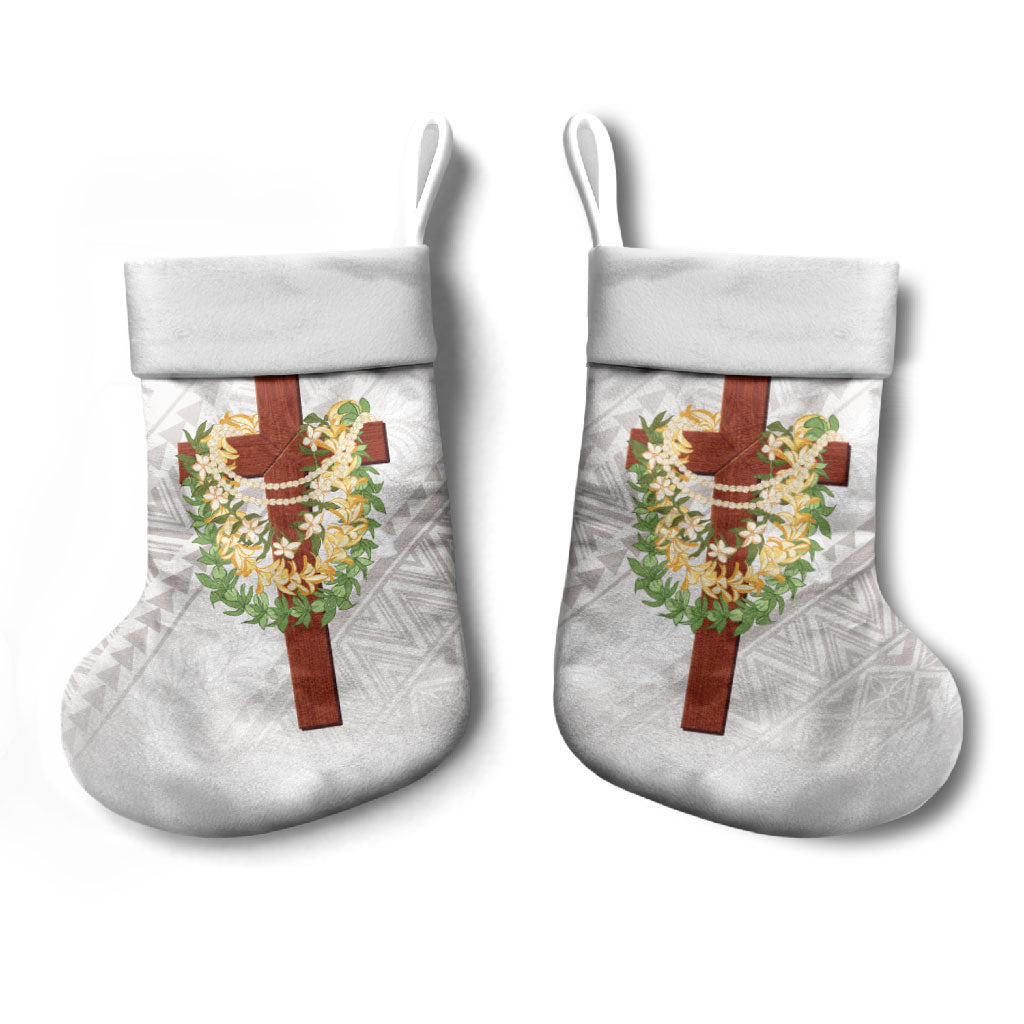 Hawaii ⁠Ka Pule a ka Haku Memorial Christmas Stocking Flower Lei Cross - Ivory White