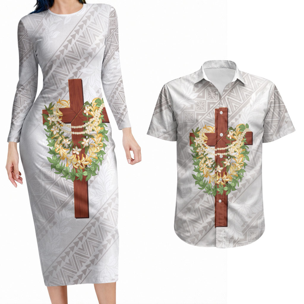 Hawaii ⁠Ka Pule a ka Haku Memorial Couples Matching Long Sleeve Bodycon Dress and Hawaiian Shirt Flower Lei Cross - Ivory White