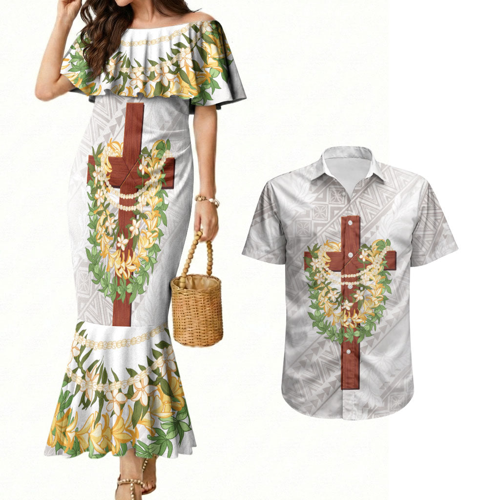 Hawaii ⁠Ka Pule a ka Haku Memorial Couples Matching Mermaid Dress and Hawaiian Shirt Flower Lei Cross - Ivory White