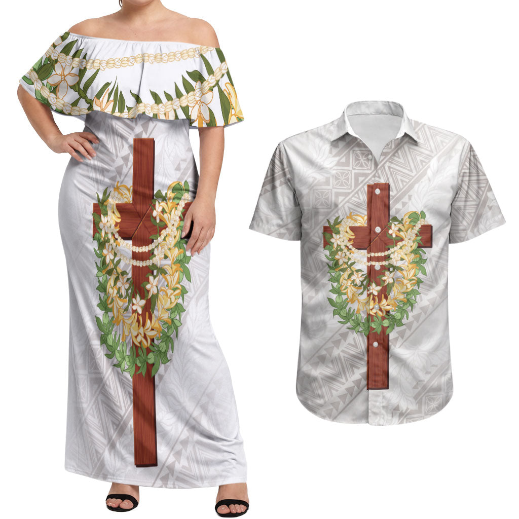 Hawaii ⁠Ka Pule a ka Haku Memorial Couples Matching Off Shoulder Maxi Dress and Hawaiian Shirt Flower Lei Cross - Ivory White