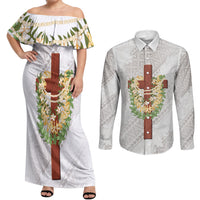 Hawaii ⁠Ka Pule a ka Haku Memorial Couples Matching Off Shoulder Maxi Dress and Long Sleeve Button Shirt Flower Lei Cross - Ivory White