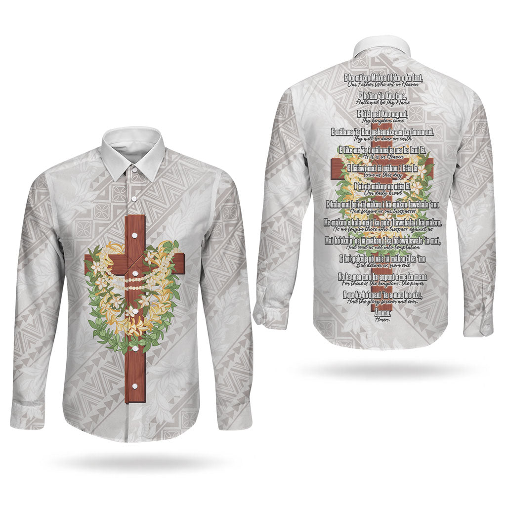 Hawaii ⁠Ka Pule a ka Haku Memorial Couples Matching Off Shoulder Maxi Dress and Long Sleeve Button Shirt Flower Lei Cross - Ivory White