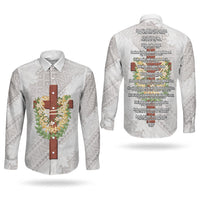 Hawaii ⁠Ka Pule a ka Haku Memorial Couples Matching Off Shoulder Maxi Dress and Long Sleeve Button Shirt Flower Lei Cross - Ivory White
