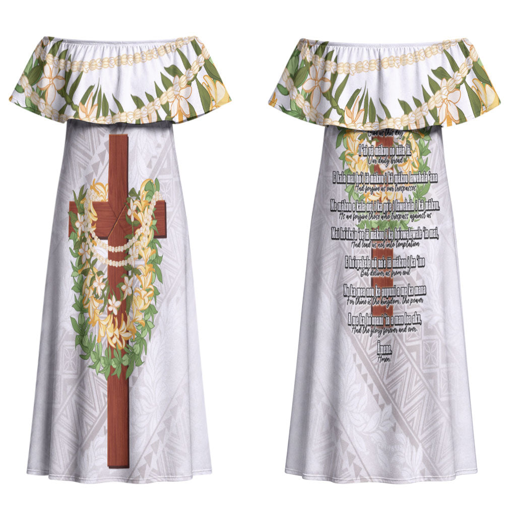Hawaii ⁠Ka Pule a ka Haku Memorial Couples Matching Off Shoulder Maxi Dress and Long Sleeve Button Shirt Flower Lei Cross - Ivory White