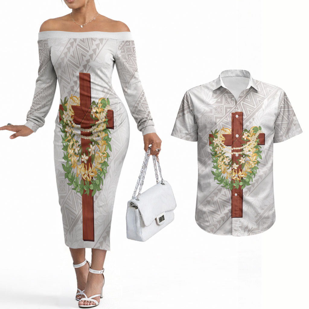 Hawaii ⁠Ka Pule a ka Haku Memorial Couples Matching Off The Shoulder Long Sleeve Dress and Hawaiian Shirt Flower Lei Cross - Ivory White