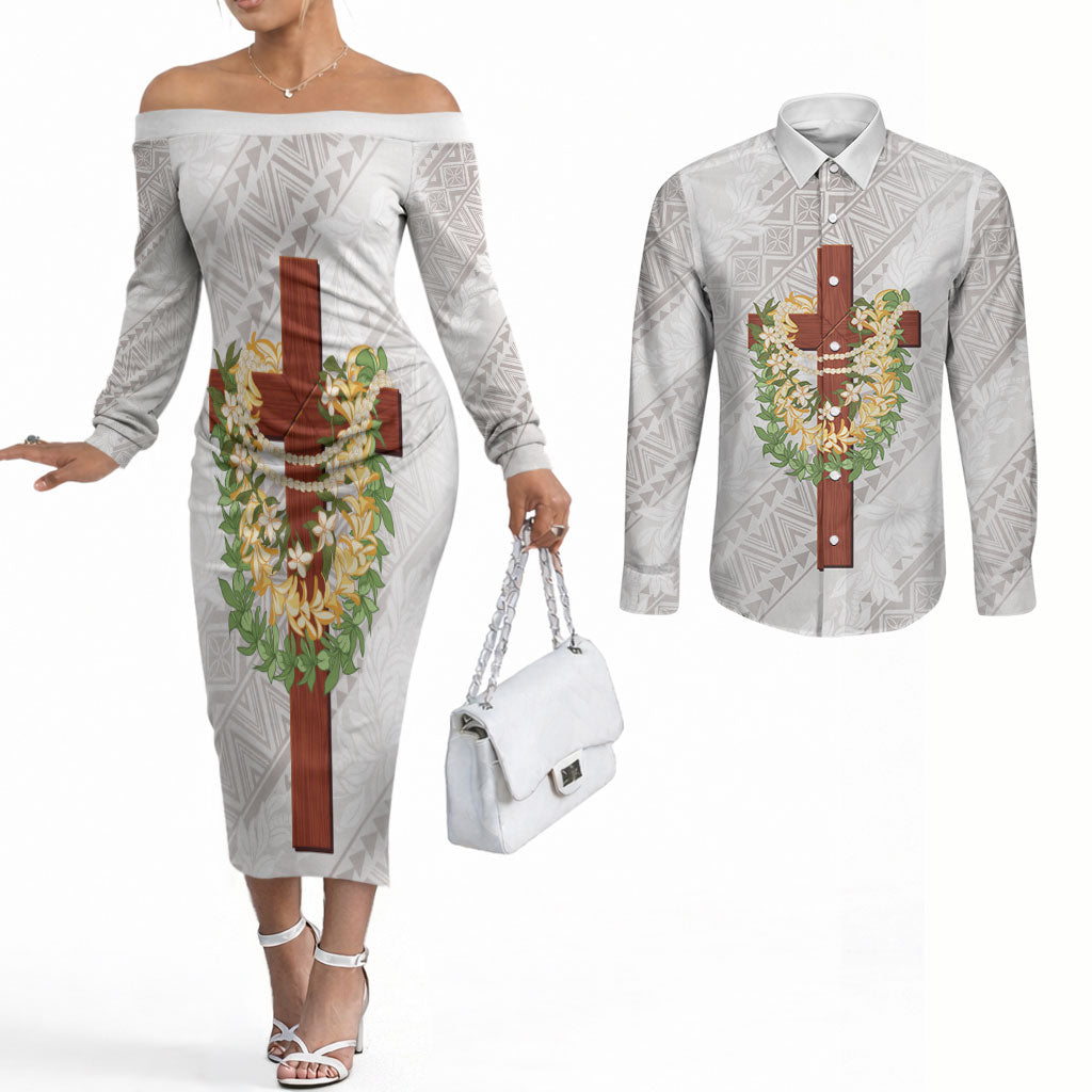 Hawaii ⁠Ka Pule a ka Haku Memorial Couples Matching Off The Shoulder Long Sleeve Dress and Long Sleeve Button Shirt Flower Lei Cross - Ivory White