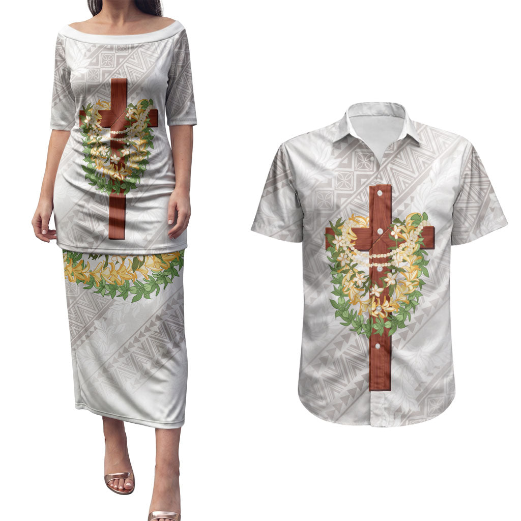 Hawaii ⁠Ka Pule a ka Haku Memorial Couples Matching Puletasi and Hawaiian Shirt Flower Lei Cross - Ivory White