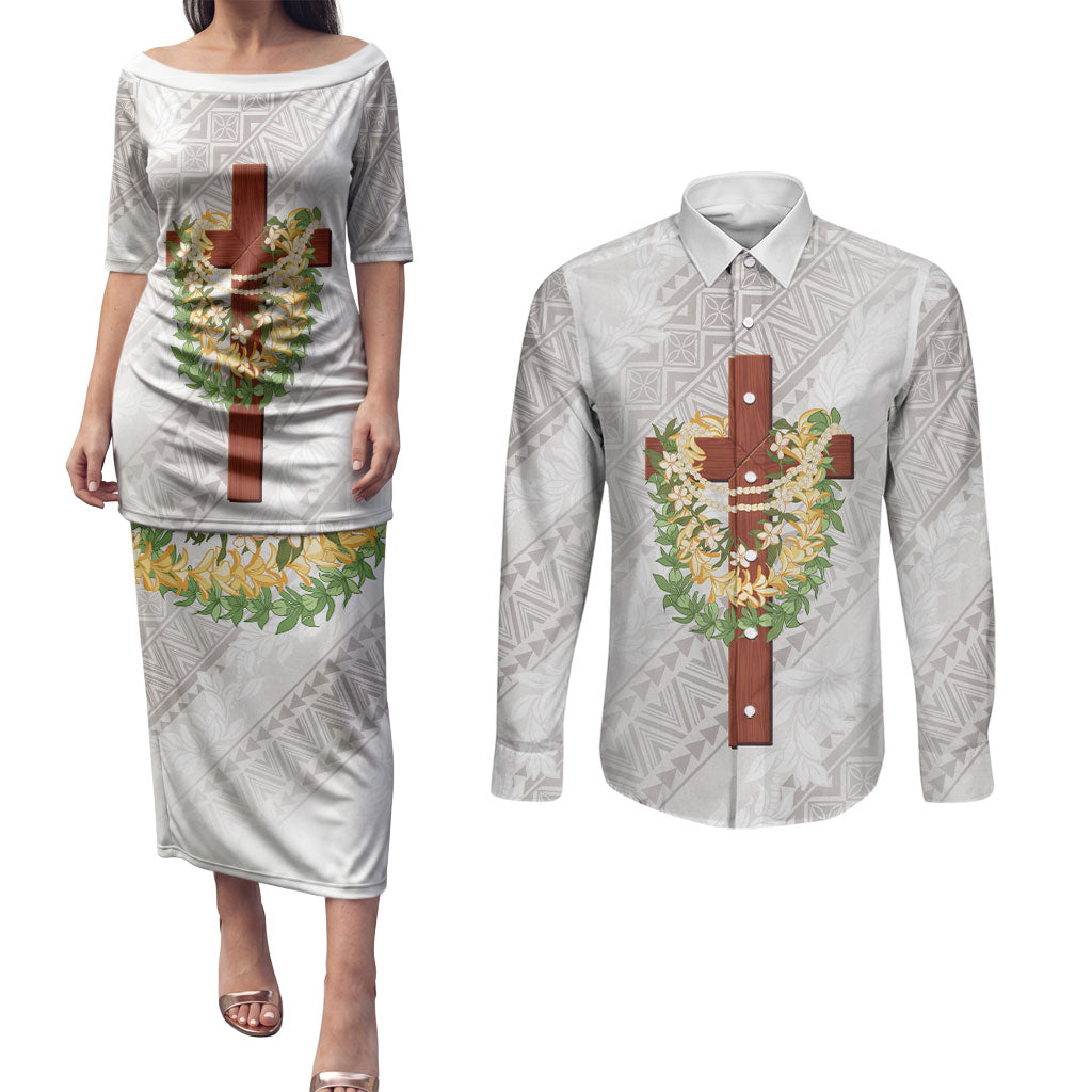 Hawaii ⁠Ka Pule a ka Haku Memorial Couples Matching Puletasi and Long Sleeve Button Shirt Flower Lei Cross - Ivory White