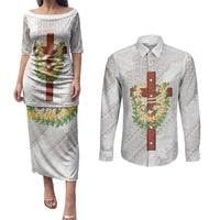 Hawaii ⁠Ka Pule a ka Haku Memorial Couples Matching Puletasi and Long Sleeve Button Shirt Flower Lei Cross - Ivory White