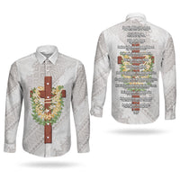 Hawaii ⁠Ka Pule a ka Haku Memorial Couples Matching Puletasi and Long Sleeve Button Shirt Flower Lei Cross - Ivory White