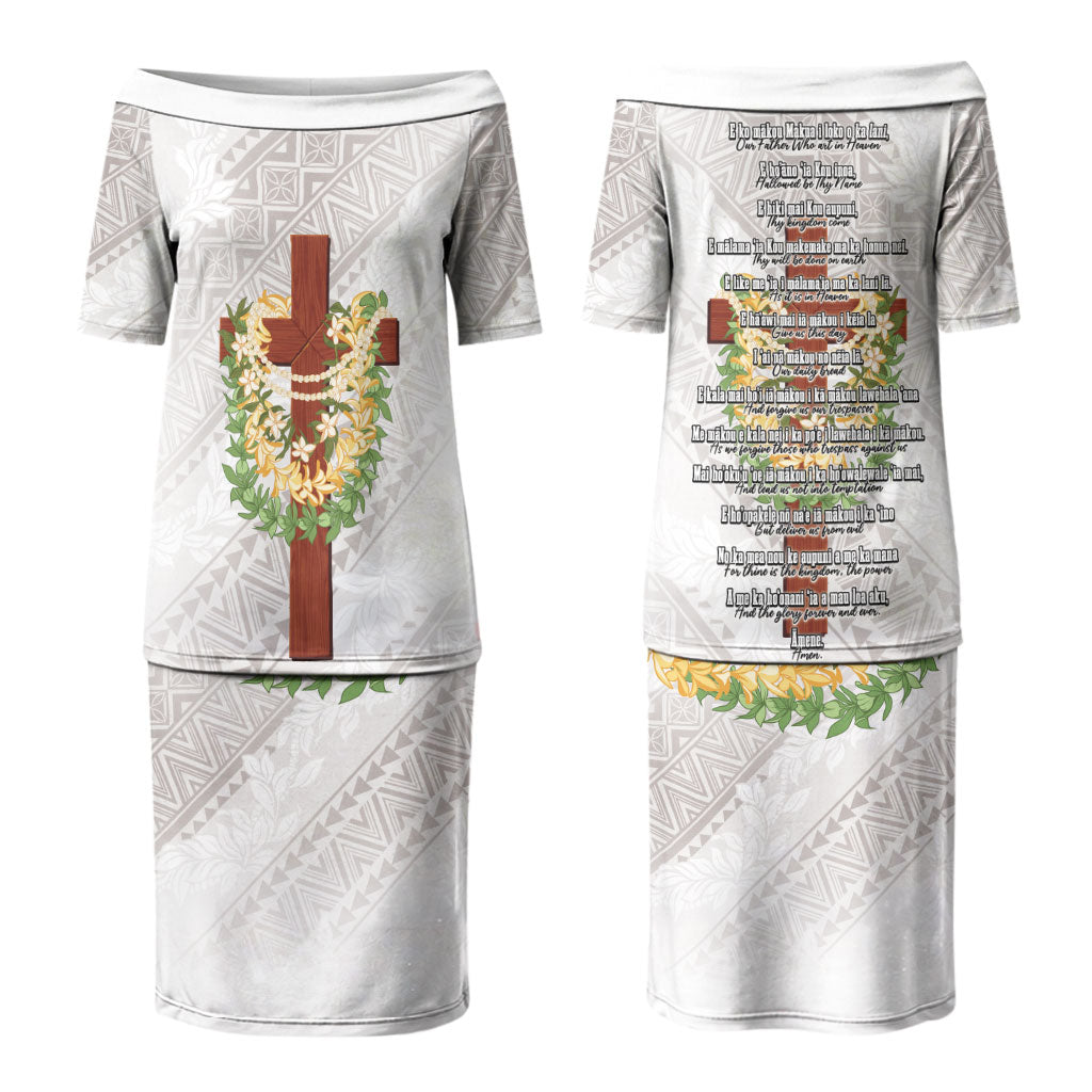 Hawaii ⁠Ka Pule a ka Haku Memorial Couples Matching Puletasi and Long Sleeve Button Shirt Flower Lei Cross - Ivory White