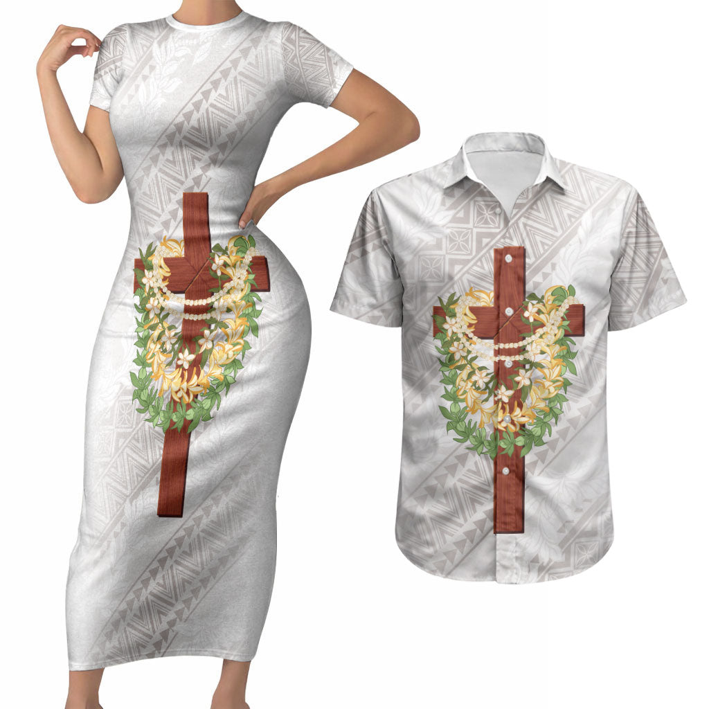 Hawaii ⁠Ka Pule a ka Haku Memorial Couples Matching Short Sleeve Bodycon Dress and Hawaiian Shirt Flower Lei Cross - Ivory White