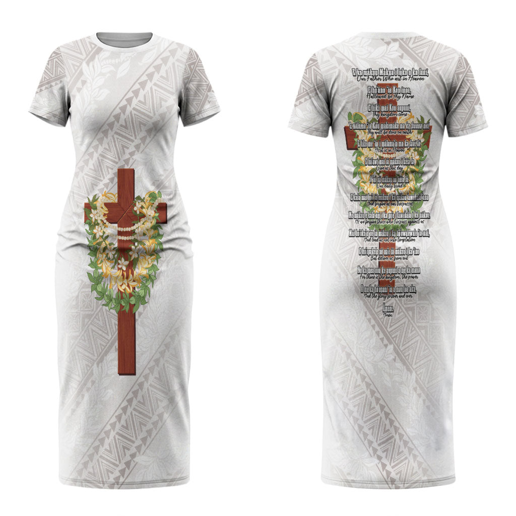 Hawaii ⁠Ka Pule a ka Haku Memorial Couples Matching Short Sleeve Bodycon Dress and Hawaiian Shirt Flower Lei Cross - Ivory White