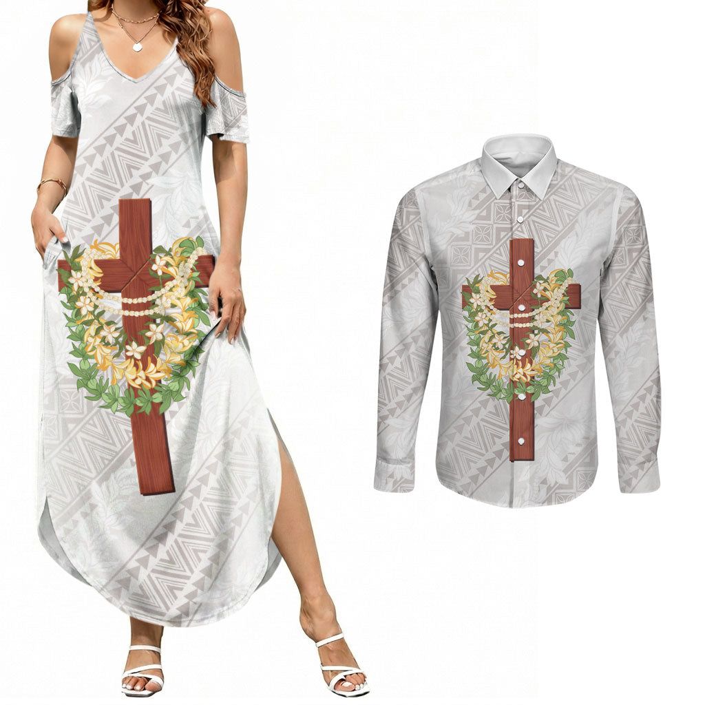 Hawaii ⁠Ka Pule a ka Haku Memorial Couples Matching Summer Maxi Dress and Long Sleeve Button Shirt Flower Lei Cross - Ivory White