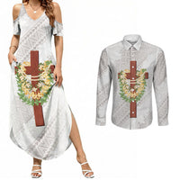Hawaii ⁠Ka Pule a ka Haku Memorial Couples Matching Summer Maxi Dress and Long Sleeve Button Shirt Flower Lei Cross - Ivory White
