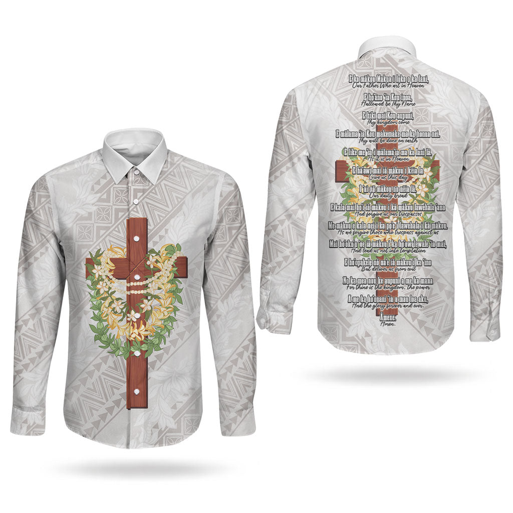 Hawaii ⁠Ka Pule a ka Haku Memorial Couples Matching Summer Maxi Dress and Long Sleeve Button Shirt Flower Lei Cross - Ivory White