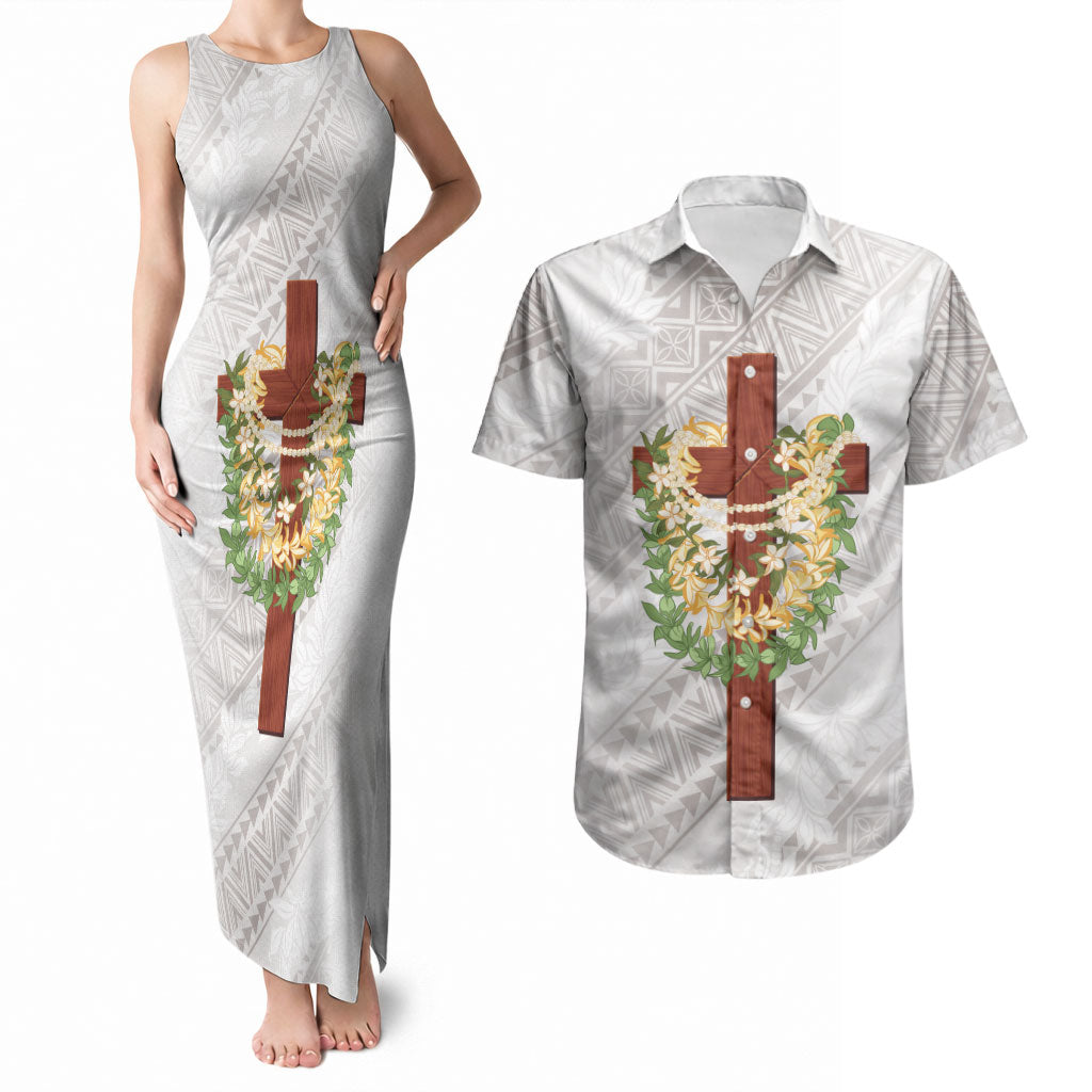 Hawaii ⁠Ka Pule a ka Haku Memorial Couples Matching Tank Maxi Dress and Hawaiian Shirt Flower Lei Cross - Ivory White