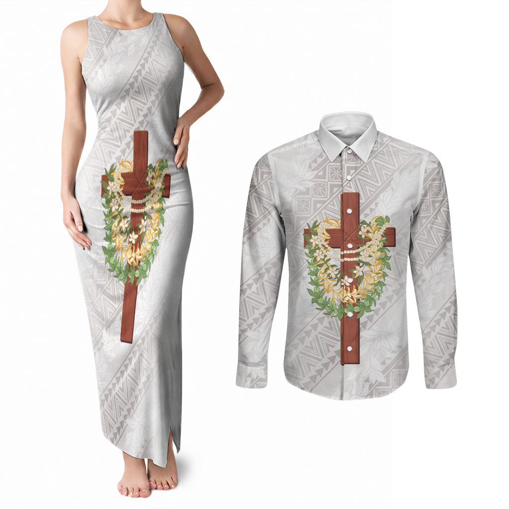 Hawaii ⁠Ka Pule a ka Haku Memorial Couples Matching Tank Maxi Dress and Long Sleeve Button Shirt Flower Lei Cross - Ivory White