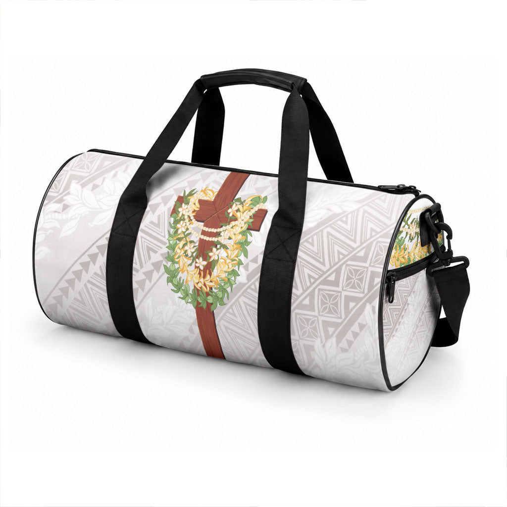 Hawaii ⁠Ka Pule a ka Haku Memorial Duffle Bag Flower Lei Cross - Ivory White