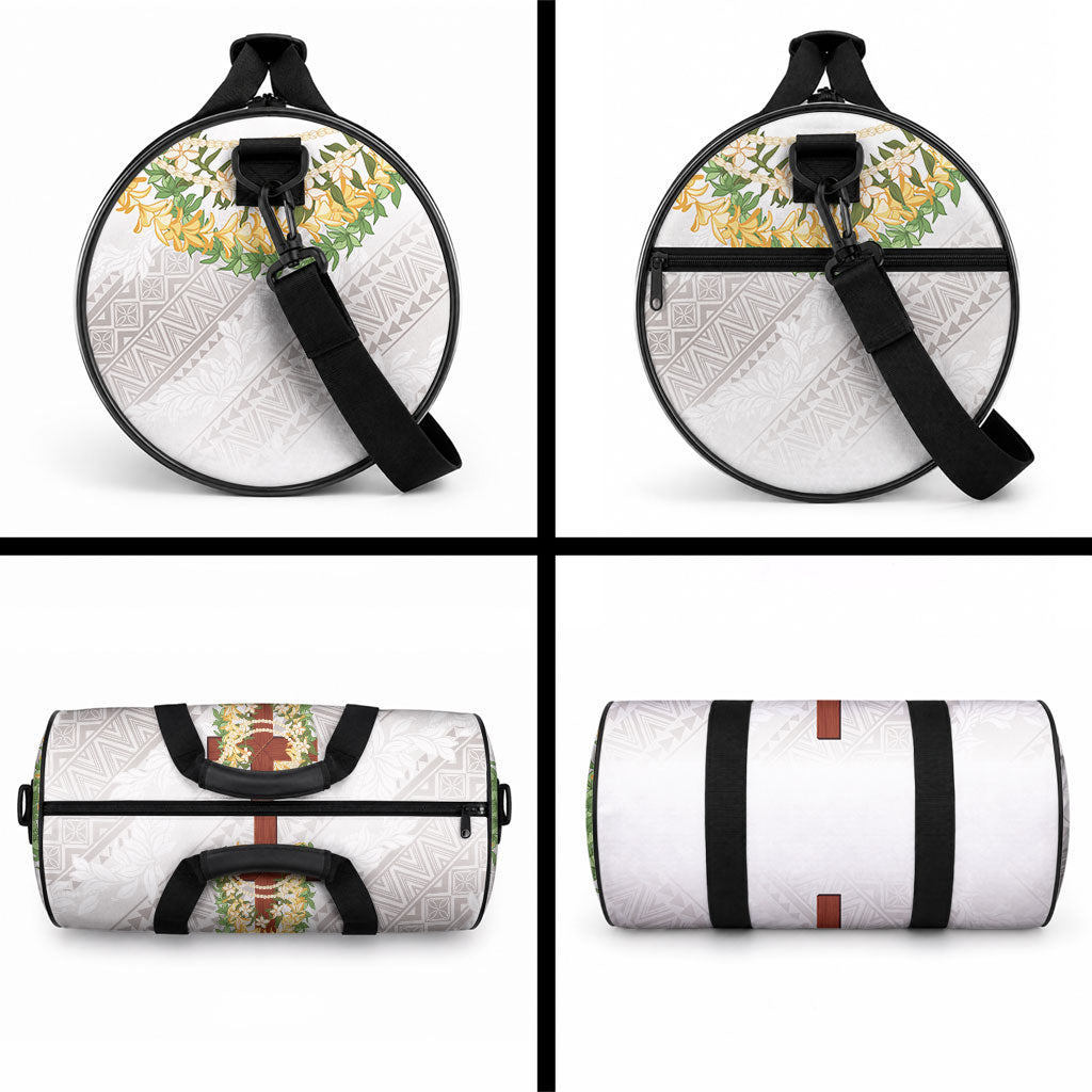 Hawaii ⁠Ka Pule a ka Haku Memorial Duffle Bag Flower Lei Cross - Ivory White