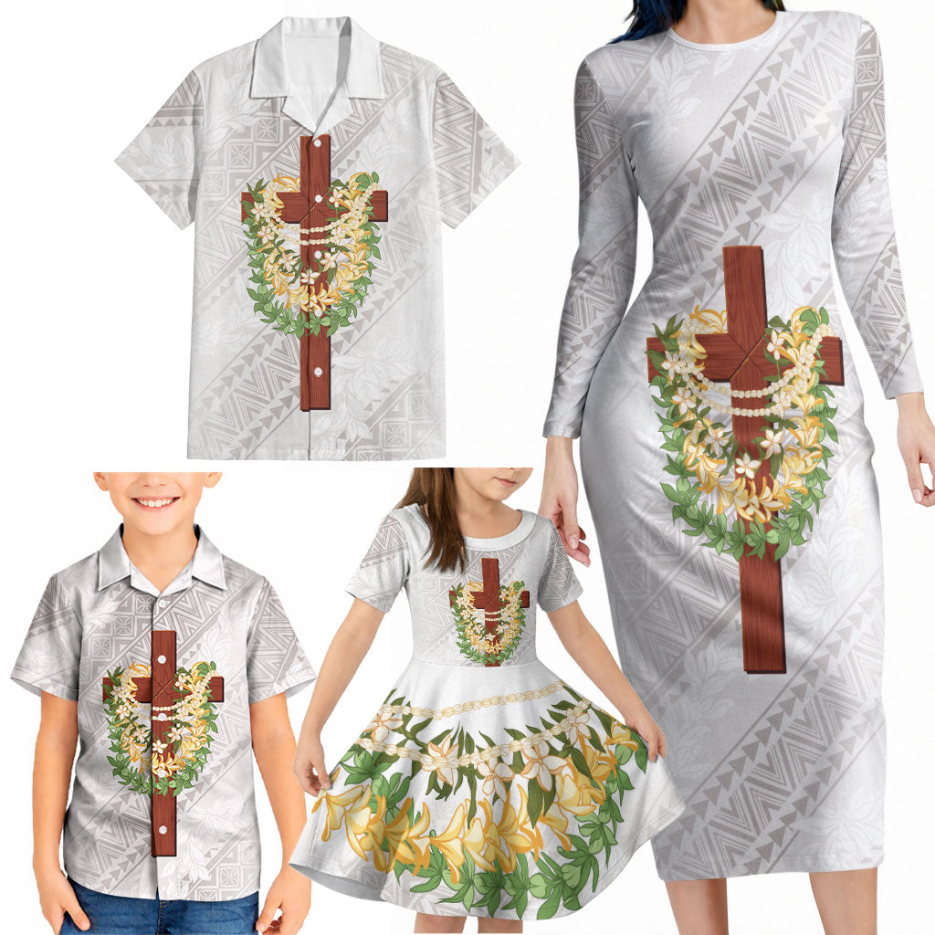 Hawaii ⁠Ka Pule a ka Haku Memorial Family Matching Long Sleeve Bodycon Dress and Hawaiian Shirt Flower Lei Cross - Ivory White