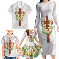 Hawaii ⁠Ka Pule a ka Haku Memorial Family Matching Long Sleeve Bodycon Dress and Hawaiian Shirt Flower Lei Cross - Ivory White