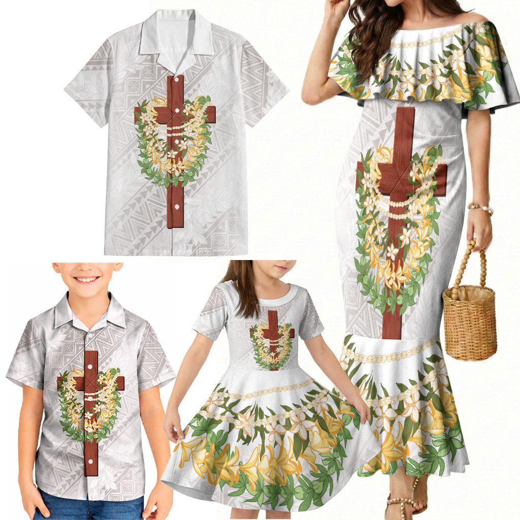 Hawaii ⁠Ka Pule a ka Haku Memorial Family Matching Mermaid Dress and Hawaiian Shirt Flower Lei Cross - Ivory White