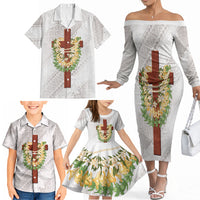 Hawaii ⁠Ka Pule a ka Haku Memorial Family Matching Off The Shoulder Long Sleeve Dress and Hawaiian Shirt Flower Lei Cross - Ivory White