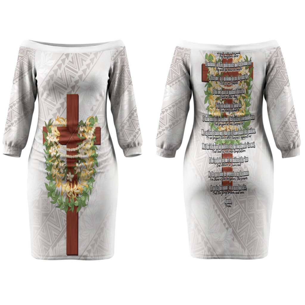 Hawaii ⁠Ka Pule a ka Haku Memorial Family Matching Off The Shoulder Long Sleeve Dress and Hawaiian Shirt Flower Lei Cross - Ivory White