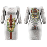 Hawaii ⁠Ka Pule a ka Haku Memorial Family Matching Off The Shoulder Long Sleeve Dress and Hawaiian Shirt Flower Lei Cross - Ivory White