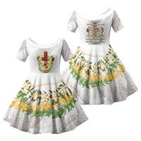 Hawaii ⁠Ka Pule a ka Haku Memorial Family Matching Off The Shoulder Long Sleeve Dress and Hawaiian Shirt Flower Lei Cross - Ivory White