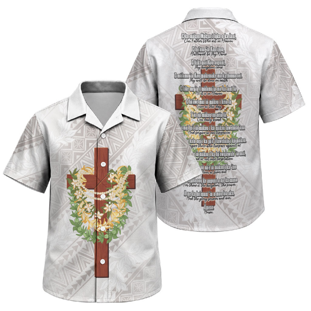 Hawaii ⁠Ka Pule a ka Haku Memorial Family Matching Off The Shoulder Long Sleeve Dress and Hawaiian Shirt Flower Lei Cross - Ivory White