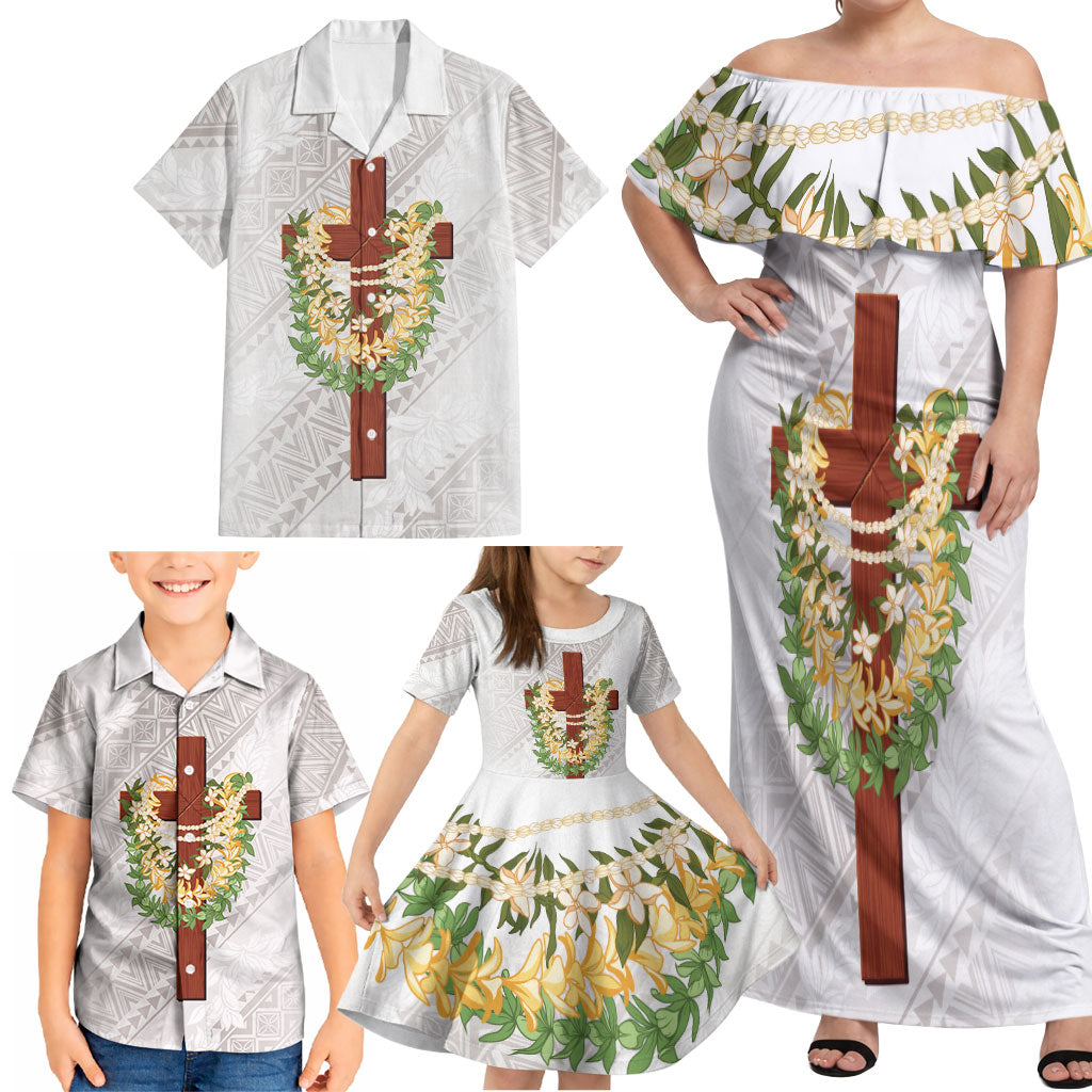 Hawaii ⁠Ka Pule a ka Haku Memorial Family Matching Off Shoulder Maxi Dress and Hawaiian Shirt Flower Lei Cross - Ivory White