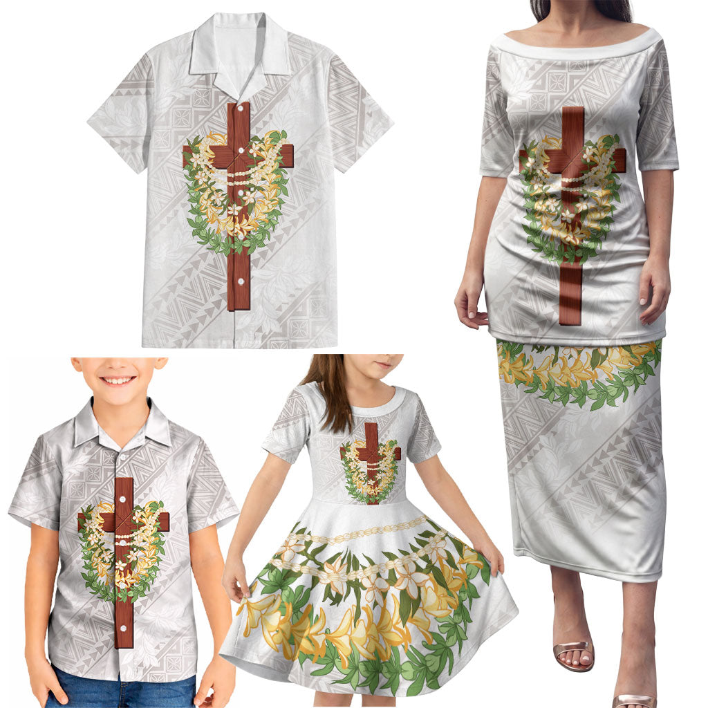 Hawaii ⁠Ka Pule a ka Haku Memorial Family Matching Puletasi and Hawaiian Shirt Flower Lei Cross - Ivory White
