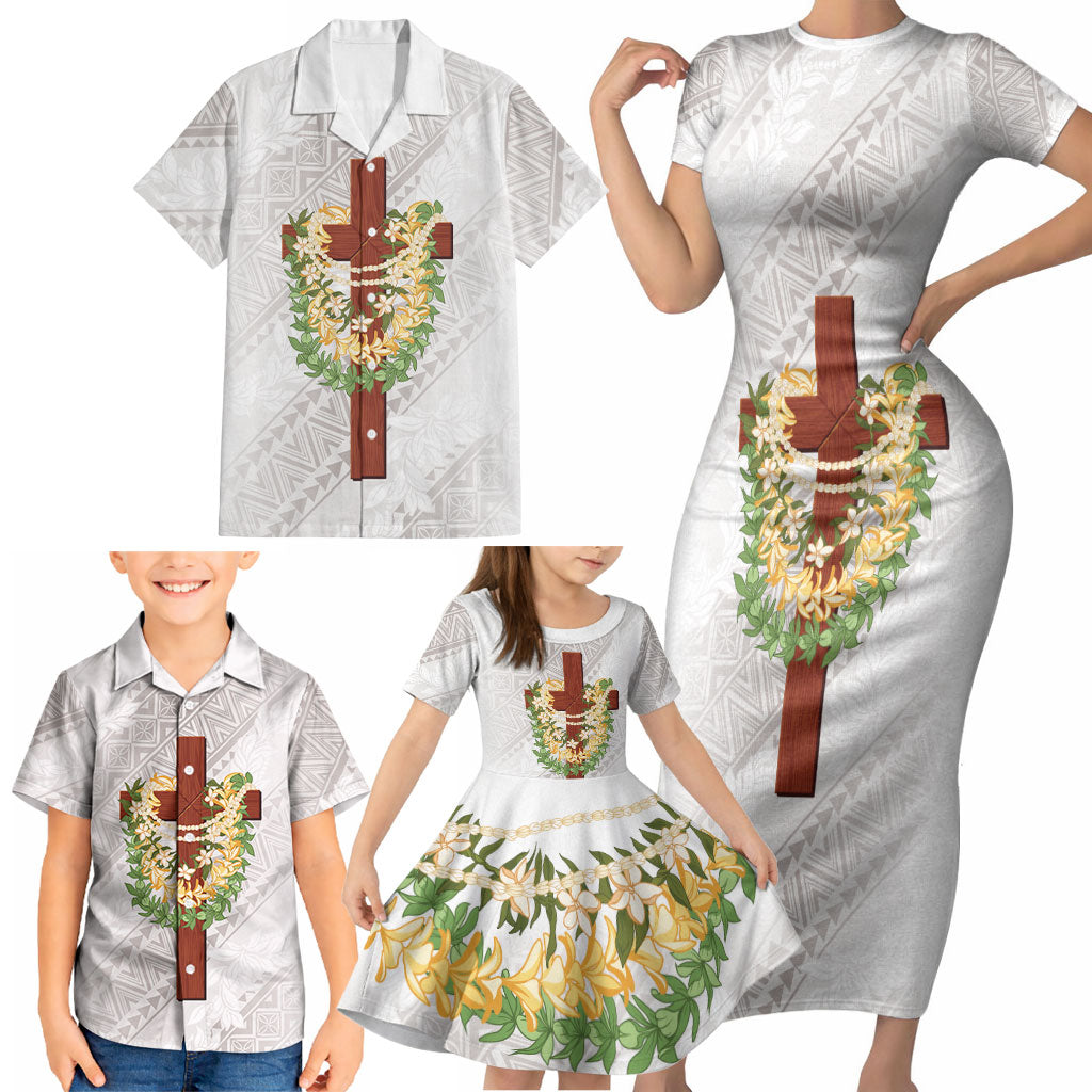 Hawaii ⁠Ka Pule a ka Haku Memorial Family Matching Short Sleeve Bodycon Dress and Hawaiian Shirt Flower Lei Cross - Ivory White