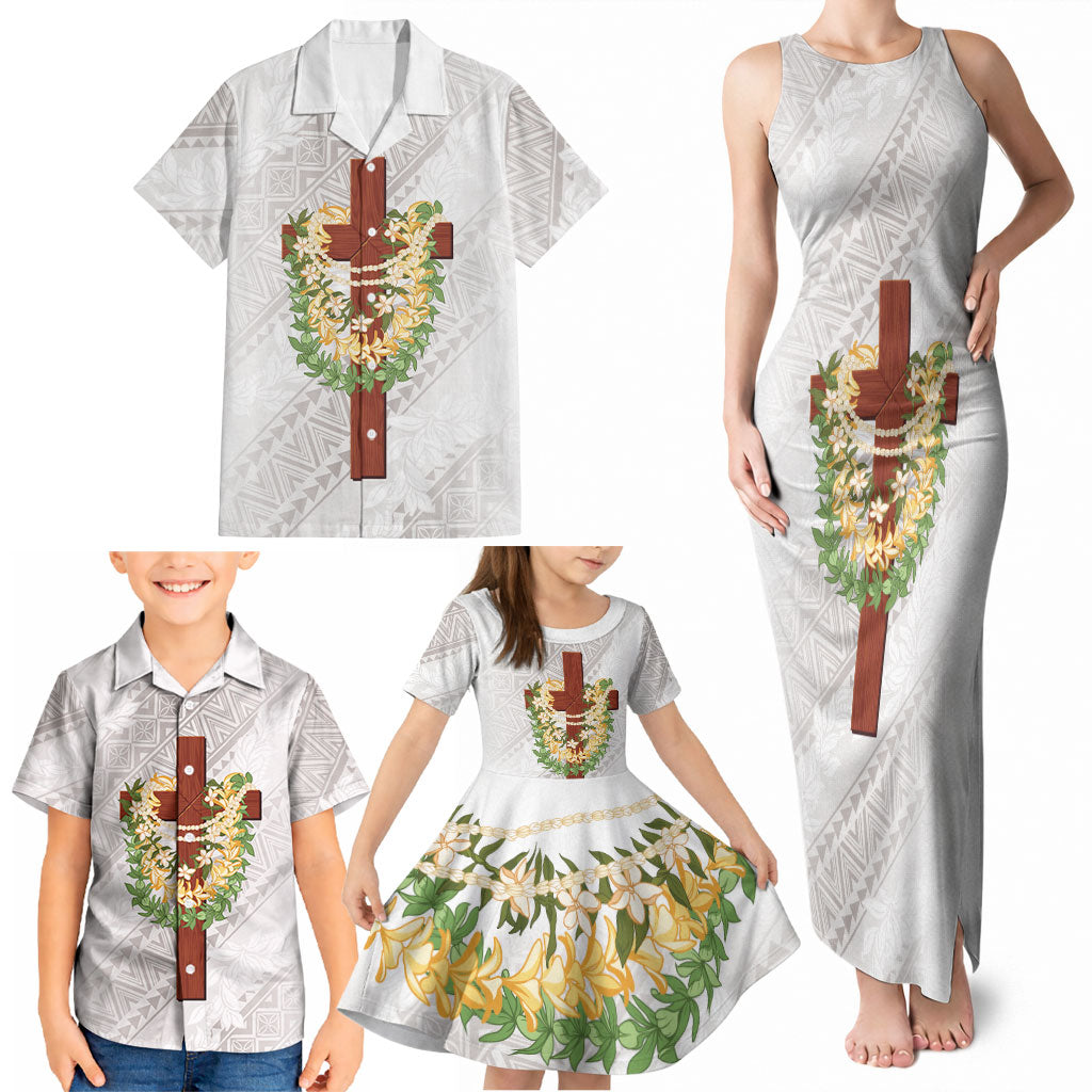 Hawaii ⁠Ka Pule a ka Haku Memorial Family Matching Tank Maxi Dress and Hawaiian Shirt Flower Lei Cross - Ivory White