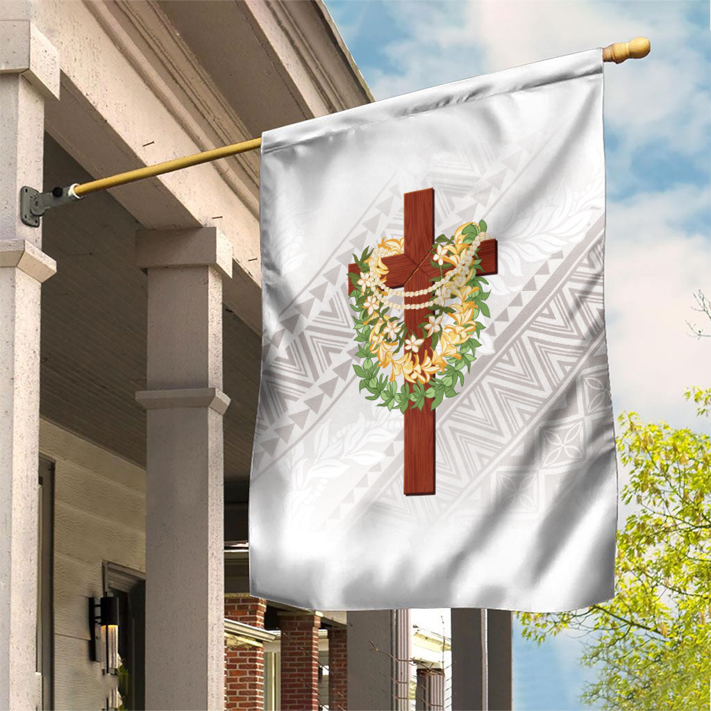 Hawaii ⁠Ka Pule a ka Haku Memorial Garden Flag Flower Lei Cross - Ivory White