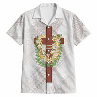 Hawaii ⁠Ka Pule a ka Haku Memorial Hawaiian Shirt Flower Lei Cross - Ivory White