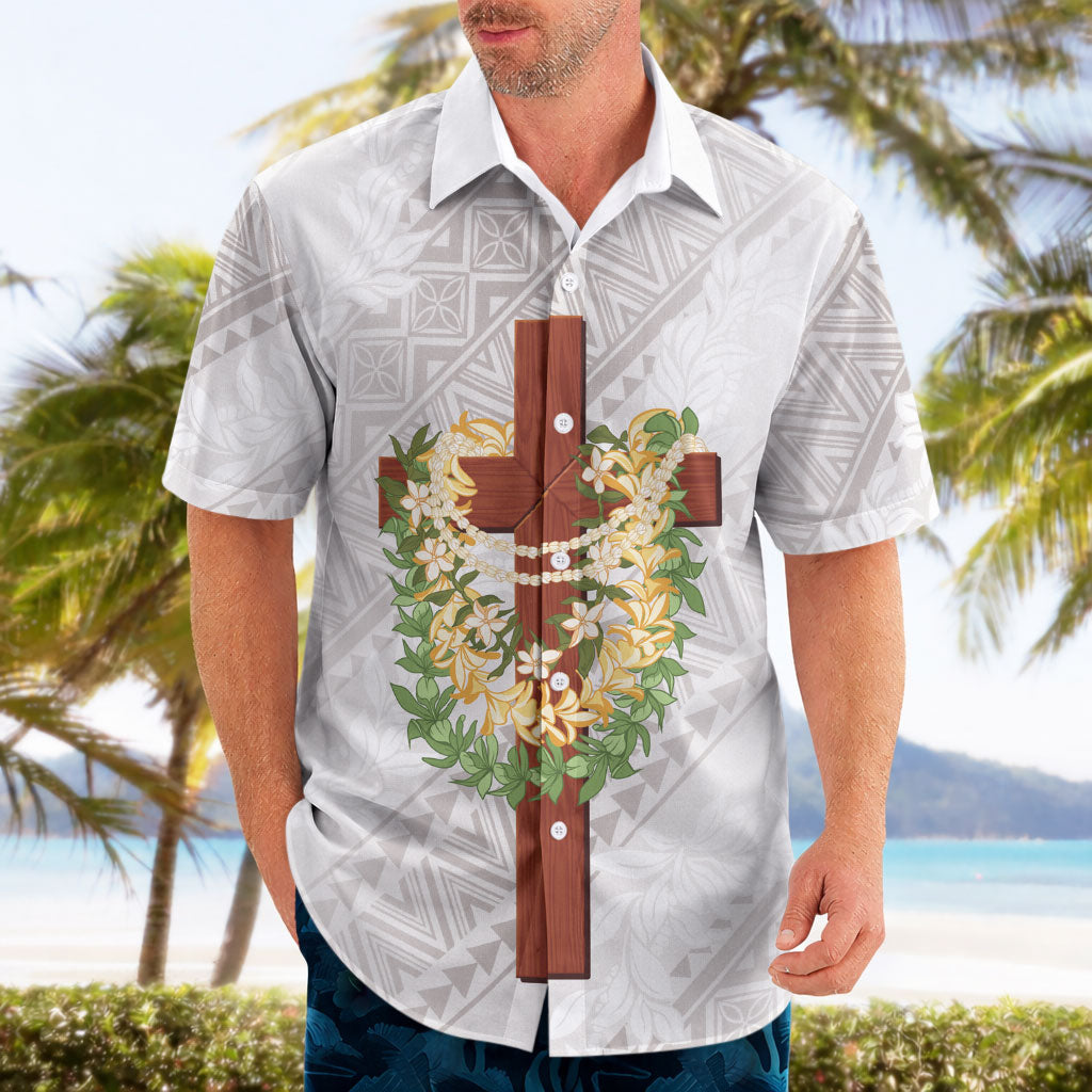 Hawaii ⁠Ka Pule a ka Haku Memorial Hawaiian Shirt Flower Lei Cross - Ivory White