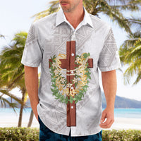 Hawaii ⁠Ka Pule a ka Haku Memorial Hawaiian Shirt Flower Lei Cross - Ivory White