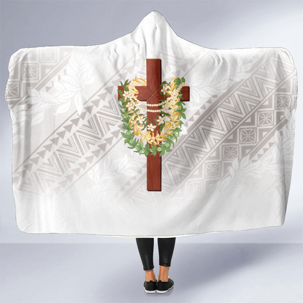 Hawaii ⁠Ka Pule a ka Haku Memorial Hooded Blanket Flower Lei Cross - Ivory White