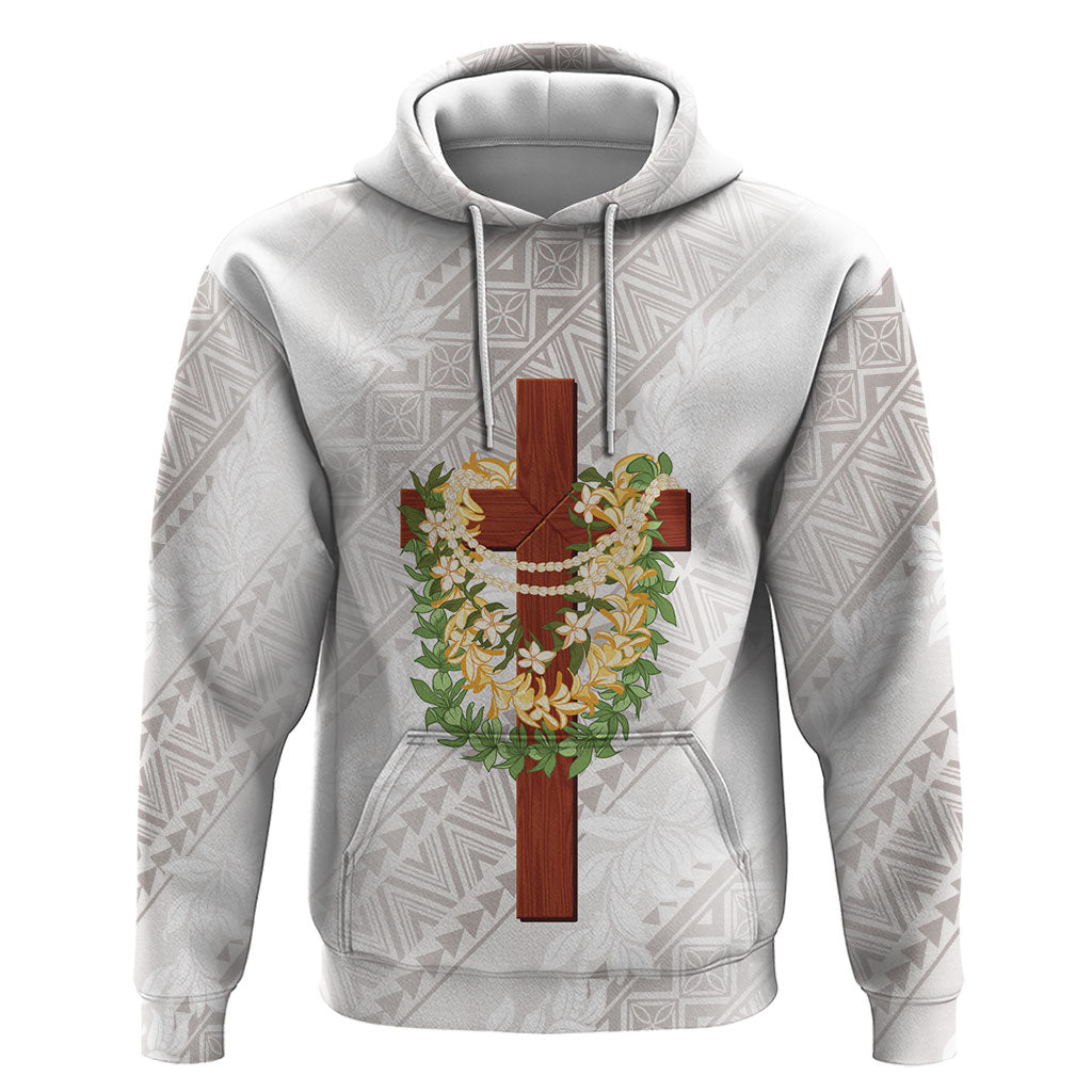 Hawaii ⁠Ka Pule a ka Haku Memorial Hoodie Flower Lei Cross - Ivory White