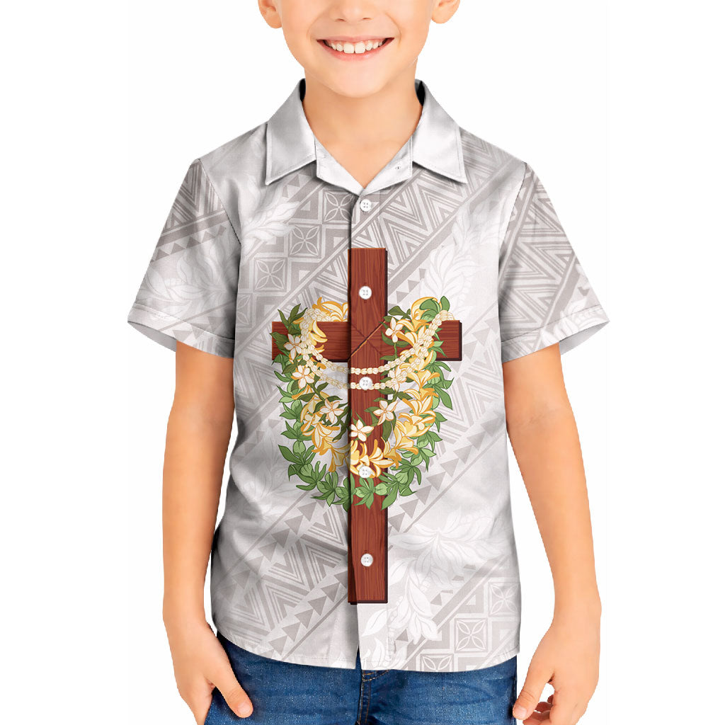 Hawaii ⁠Ka Pule a ka Haku Memorial Kid Hawaiian Shirt Flower Lei Cross - Ivory White