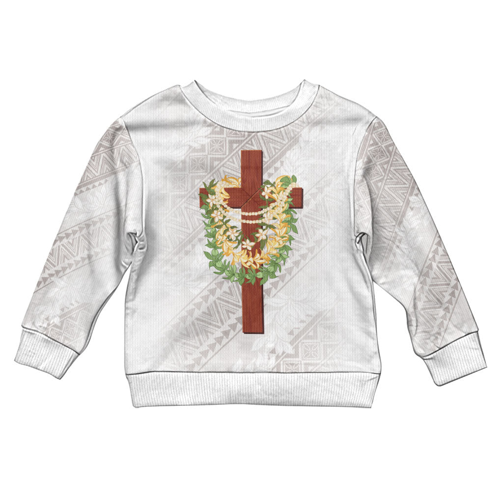 Hawaii ⁠Ka Pule a ka Haku Memorial Kid Ugly Christmas Sweater Flower Lei Cross - Ivory White