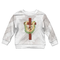 Hawaii ⁠Ka Pule a ka Haku Memorial Kid Ugly Christmas Sweater Flower Lei Cross - Ivory White